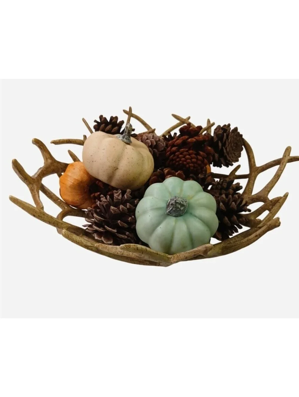 Rustic Faux Antler Bowl Centerpiece Fall Decor Pinecones Mini Pumpkins Autumn